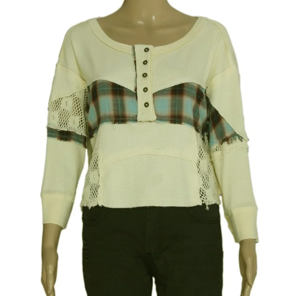 Free People We The Free Nina Tee Plaid Cream Top XS US ITEM